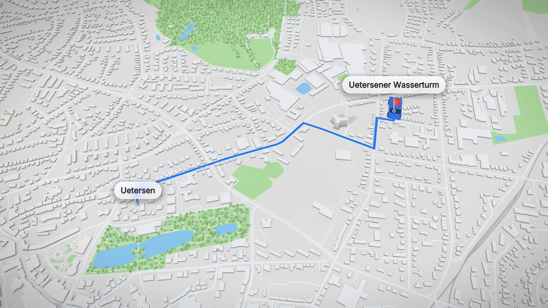 Die echte Straßenroute von Uetersen zum Uetersener Wasserturm.