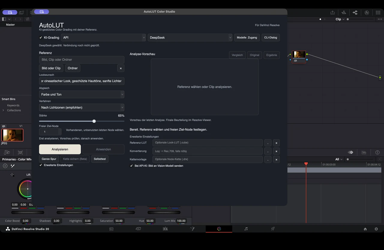 Das echte AutoLUT-Fenster vor DaVinci Resolve, vor der Analyse.