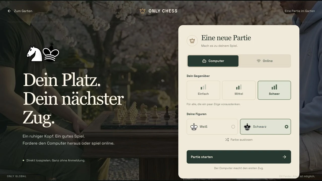 Farbe und Schwierigkeit für eine Computerpartie wählen.