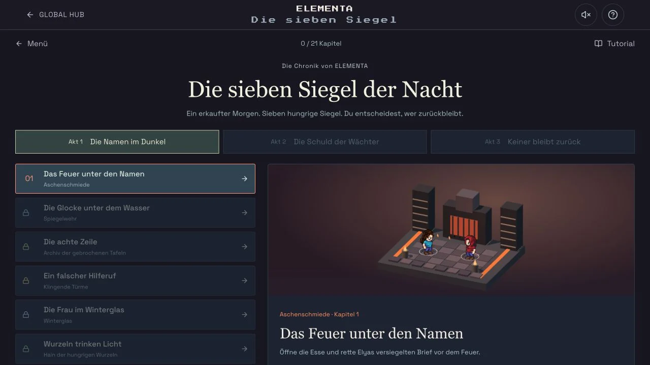 Die Kapitelwahl mit 21 Kapiteln und aktuellem Fortschritt 0/21.
