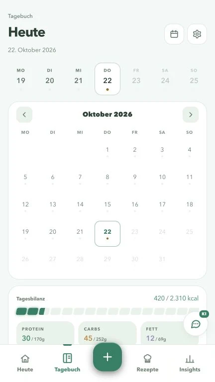 Der Monatskalender öffnet die bereits erfassten Tage.