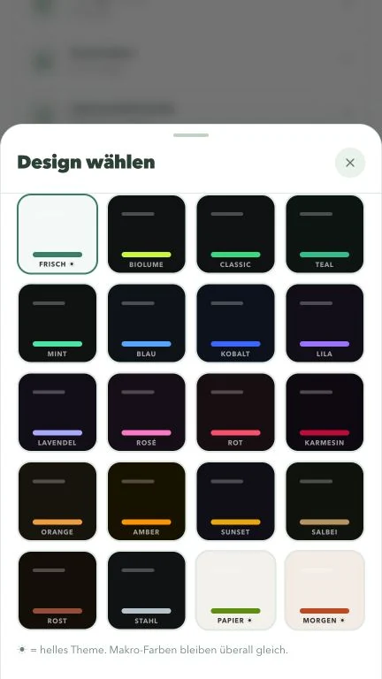 Die tatsächliche Designauswahl der App.