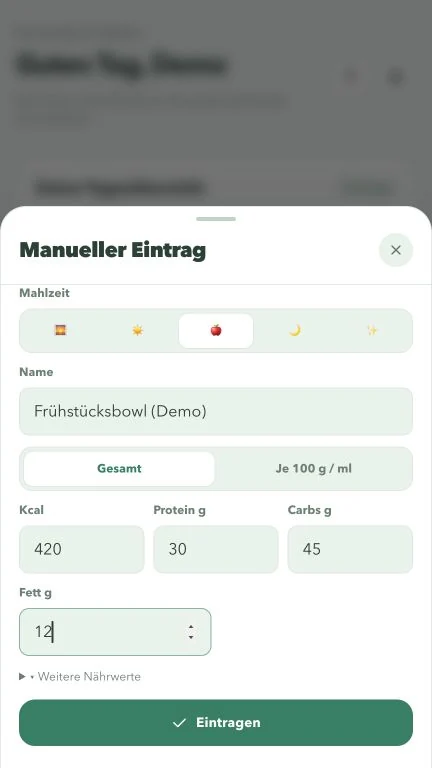 Bekannte Mengen und Nährwerte manuell erfassen.
