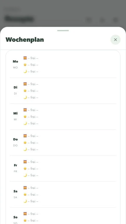 Der Wochenplan verbindet Gerichte mit Tagen und Mahlzeiten.