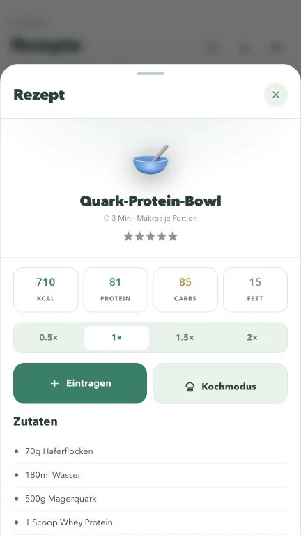 Rezeptdetails mit Mengen, Zutaten und Nährwerten.