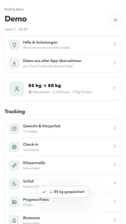 Mehr und Einstellungen bündeln zusätzliche Bereiche der App.