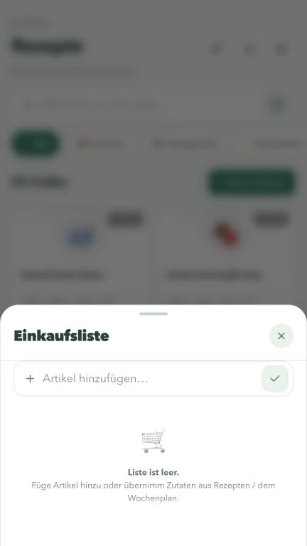 Die Einkaufsliste hält Zutaten und Erledigtstatus zusammen.