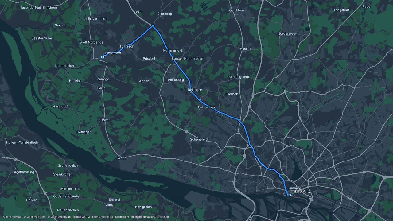 Der mitgelieferte Straßenverlauf HafenCity → Uetersen.