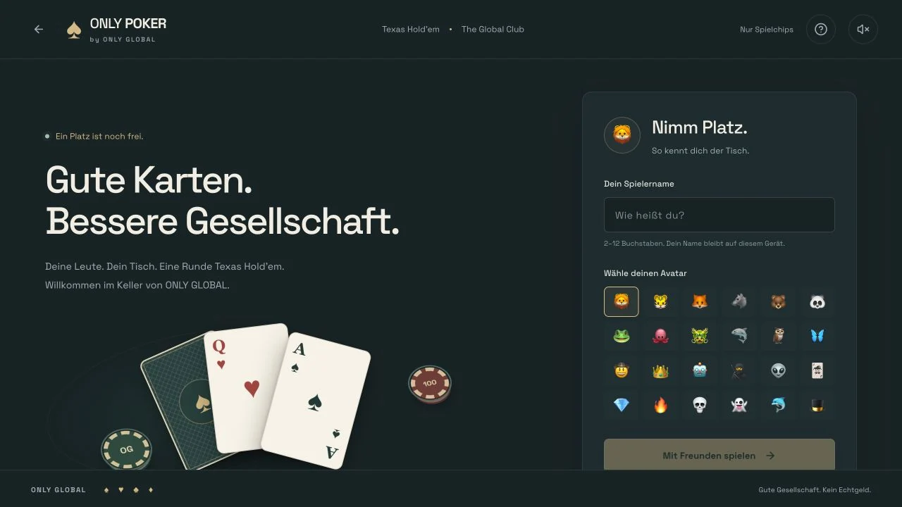 Der echte Start mit Avatar- und Namensauswahl.
