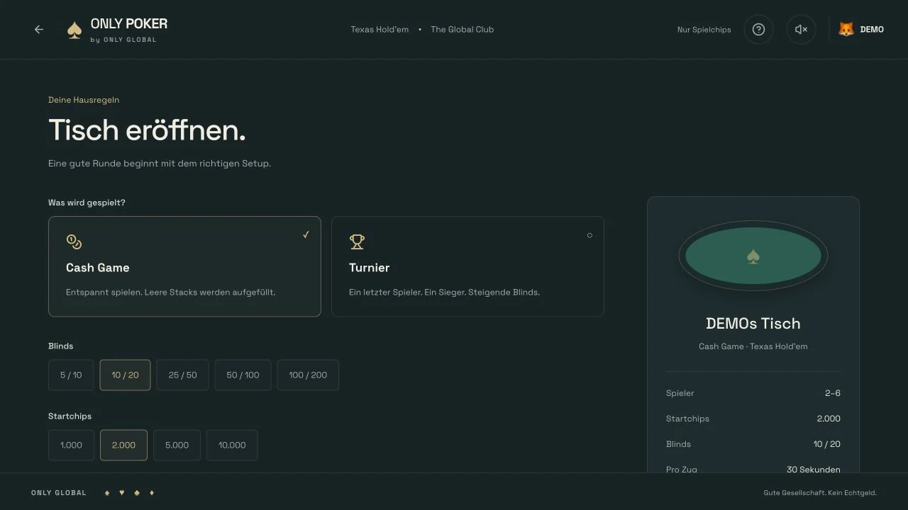 Tischeinstellungen für Spielmodus und konfigurierbare Werte.