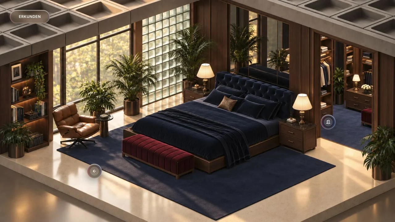 Das Schlafzimmer als ausgearbeiteter Raum.