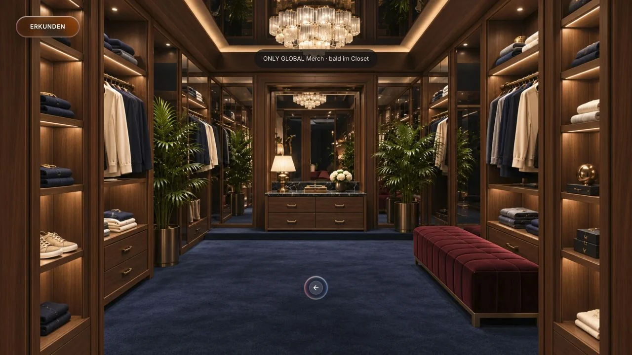 Der integrierte Closet mit angekündigtem Merchandise.