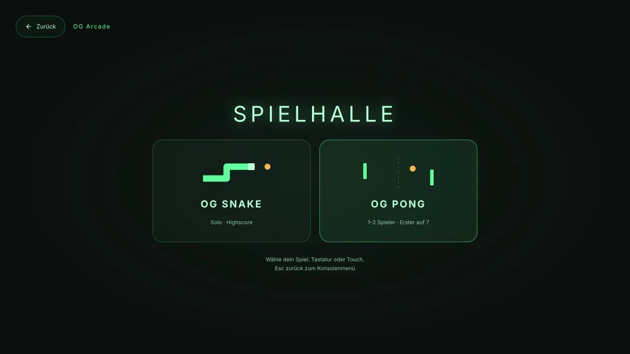 Die tatsächliche Spielhallenauswahl mit OG Snake und OG Pong.