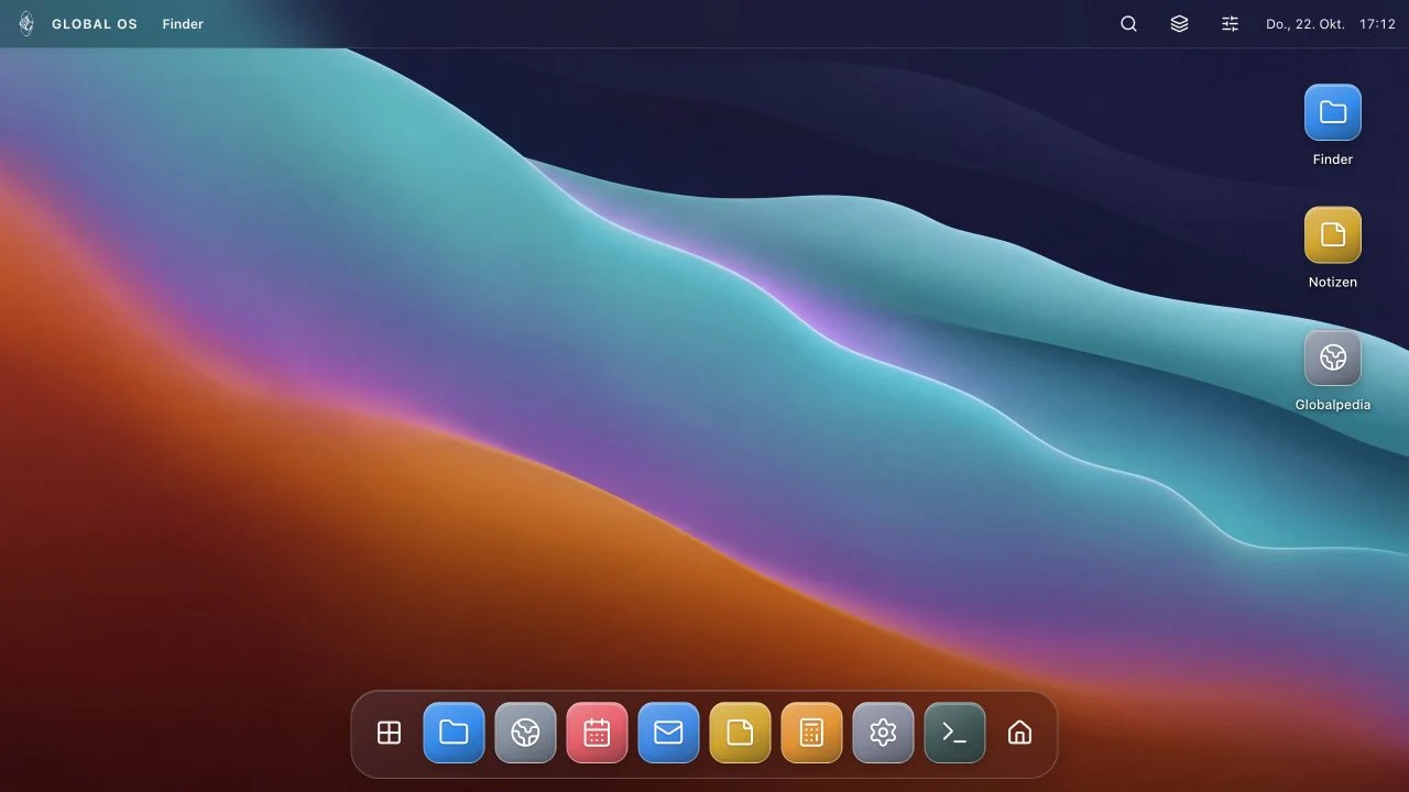 GLOBAL OS mit Menüleiste, Glas-Dock und Appauswahl.